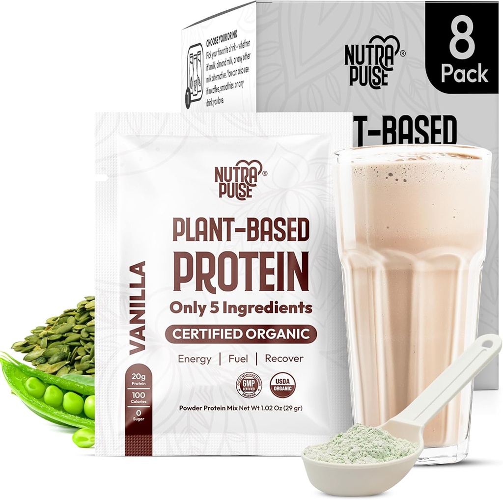 Organik Vegan Protein Toz Örnek Paketi - Bitki bazlı protein, Gluten-Free, Non GMO, 20g proteini, Büyük Parlaklar ve Shakes (Vanilla, Pack of 8)