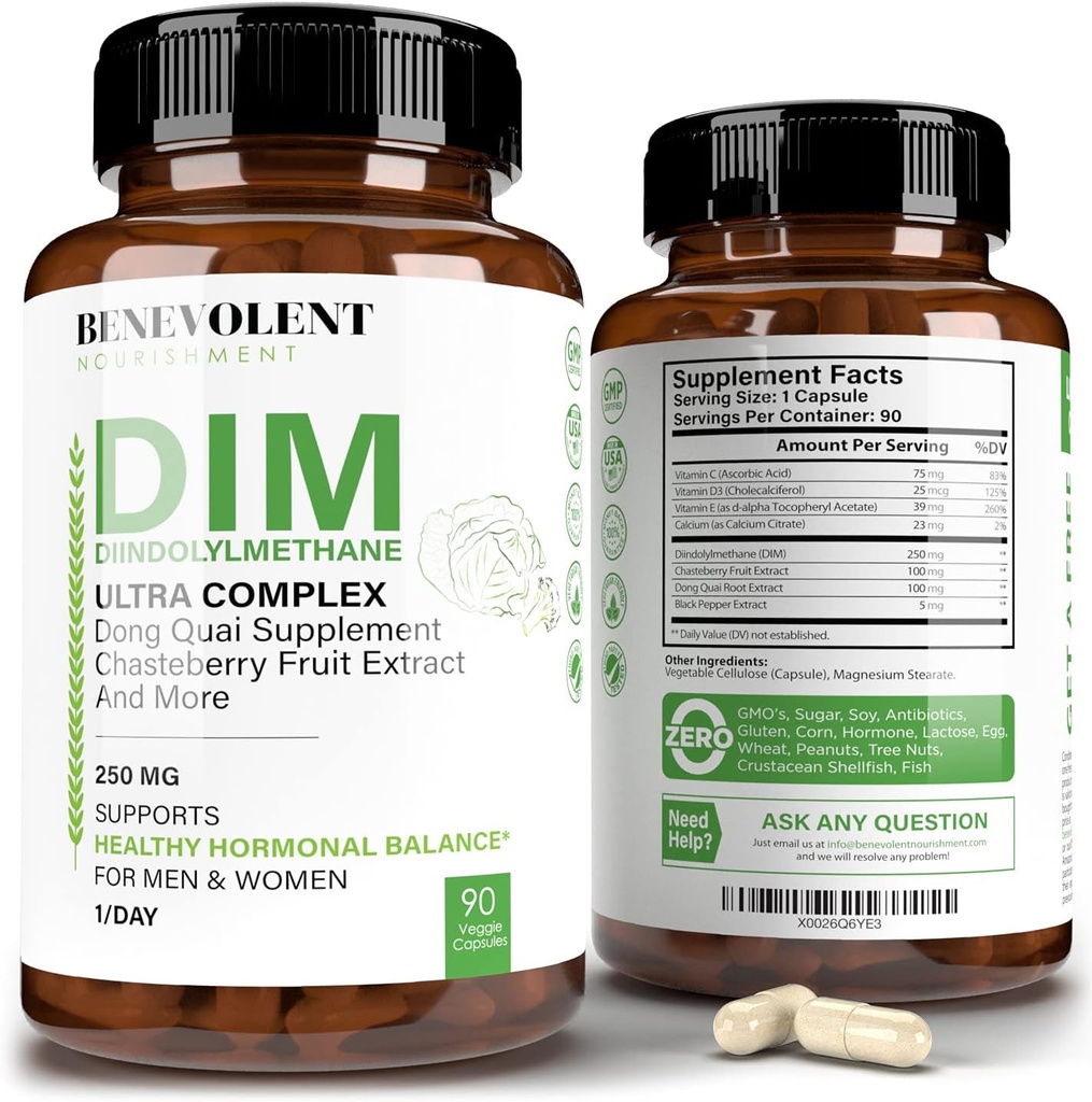 Benevolent Nourishment maximum Strength DIM Supplement 250 mg - 90 Vcaps Diindolylmethane Ultra Kompleks Plus Chasteberry, Dong Quai Ekstraksiyon + Daha Fazlası