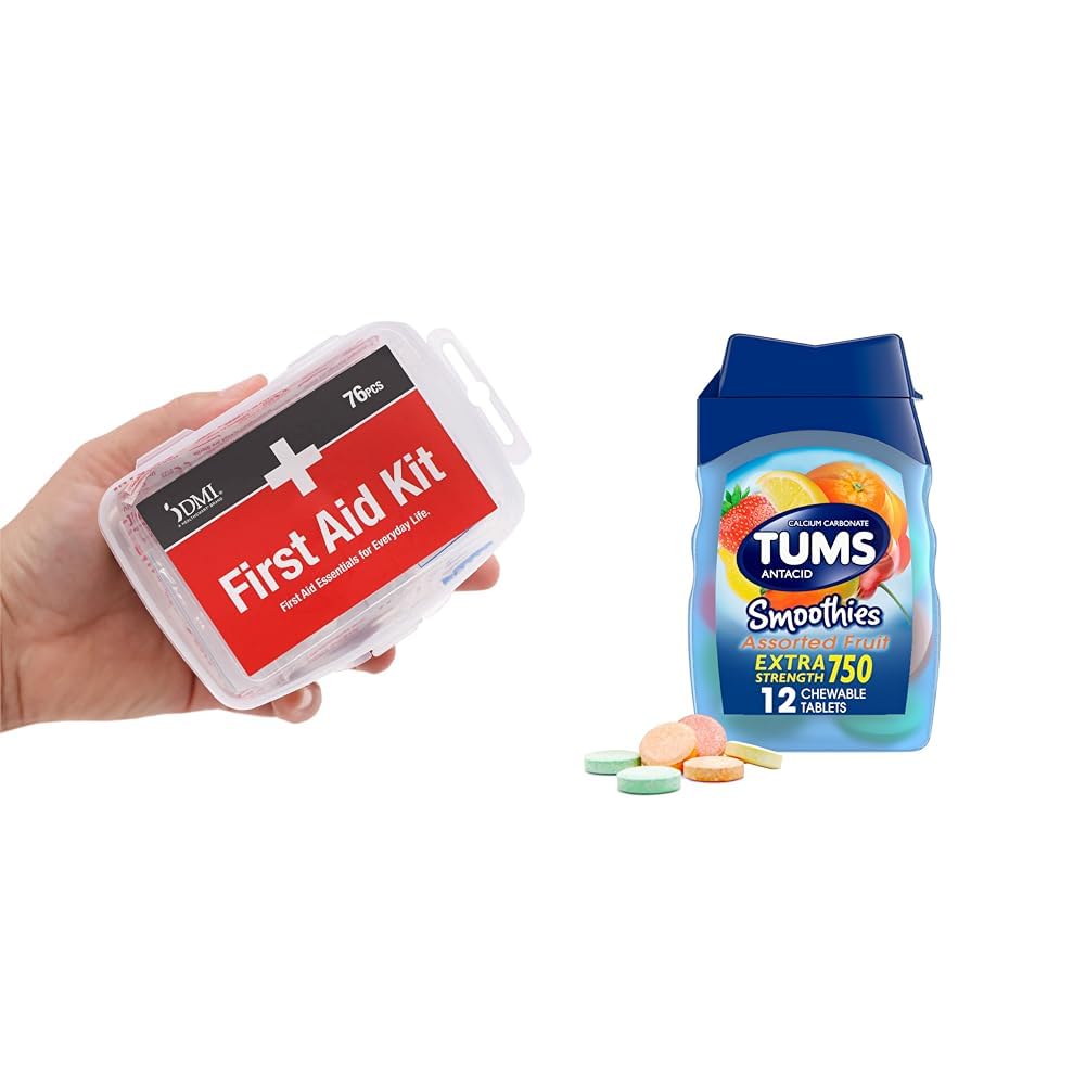 DMI 76-Piece First Aid Kit ve TUMS 12 Count Smoothies Ekstra Kuvvet 750 mguba Karbonat Antacid Chewable Tabletler Sche