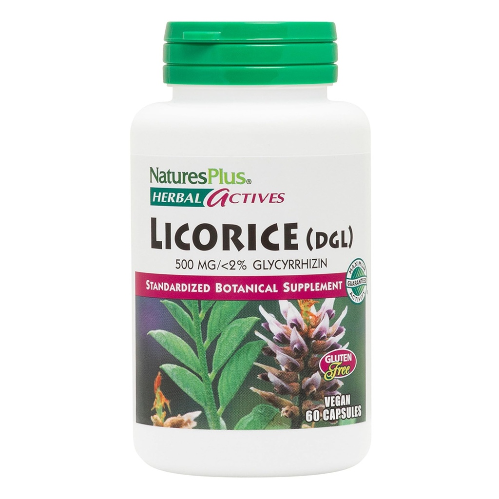 Natures Plus Herbal Actives Licorice (DGL) Capsules - 500 mg, 60 Vegan Supplements - Vegetarian, Gluten-Free - 60 Servisler