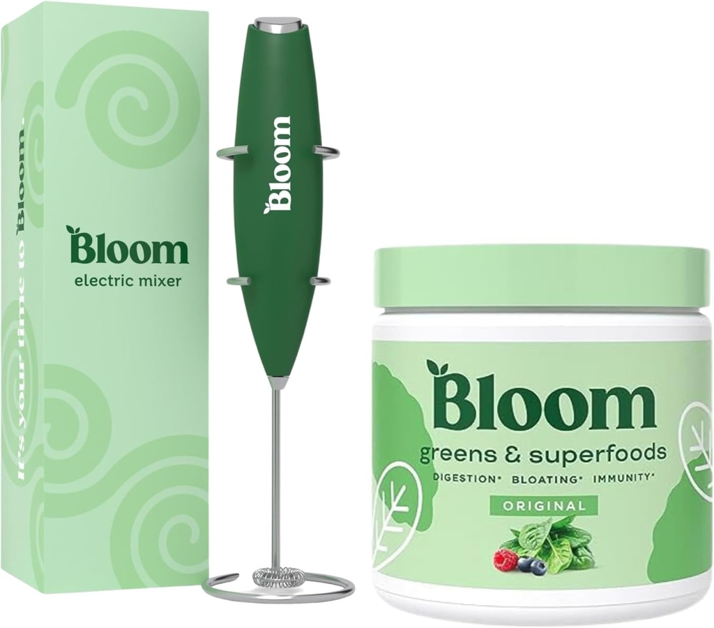 Bloom Beslenme Superfood Greens Toz, Probiyotikler ve Prebiyotiklerle Digestive Enzymes, Gut Health, Bloating Relief, Original + Milk Frother High