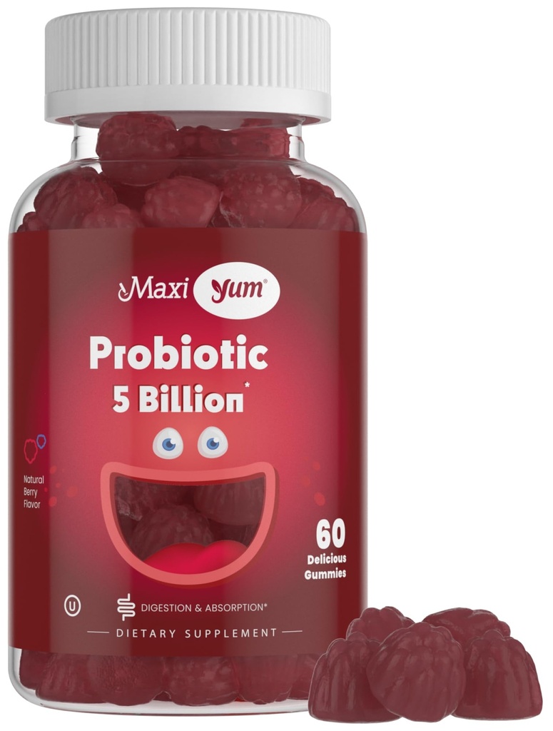 Maxi Health Yum, Probiotic Gummies with 5 Billion CFUs of Digestive Health Probiotics, Kosher Certified Natural Berry Flavor Gut Health Chewable Gummy Supplements for Men & Women, 60 Gummies