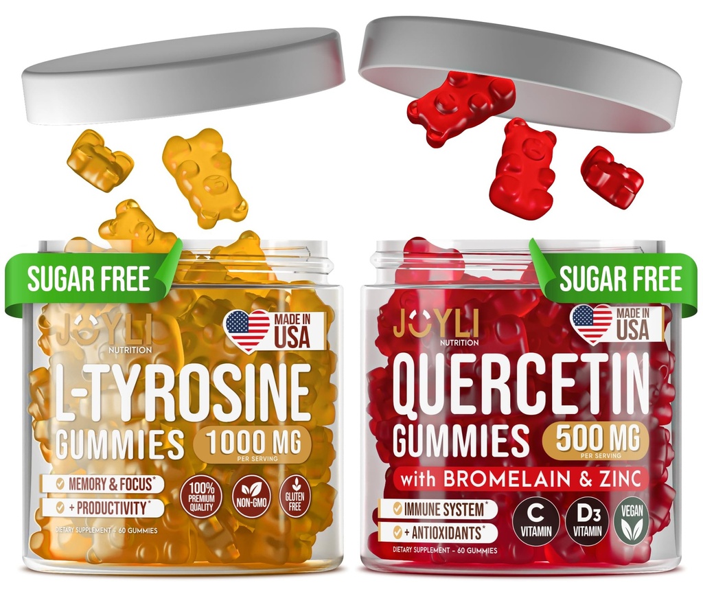 L-Tyrosine Gummies + Quercetin Gummies - L Tyrosine Supplement, Quercetin with Vitamin C - Focus Gummies and Immune Support Gummies - 60 L-Tyrosine for Kids Gummies, 60 Quercetin with Çinko Gummies