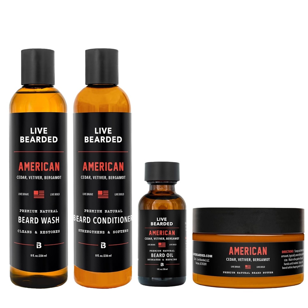 Live Bearded Complete Beard Grooming Kit - Yıkama, Durumer, Butter ve Petrol - ABD'de All-Doğal Malzemeler ile - Erkekler Groom Set | American Scent - Cedar, Vetiver, Bergamot