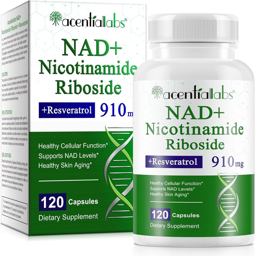 NAD Supplement, NAD Nicotinamid Riboside Resveratrol 910 mg, Sağlıklı Hücre Fonksiyonlar için Yüksek Saf NAD Supplement, Destekler NAD Seviyeleri Sağlıklı Cilt Aging Diyet Tamam 120 Capsules