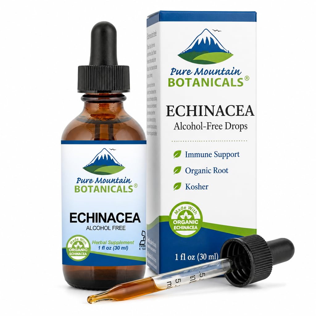 Saf Dağ Botanikleri Sıvı Echinacea Drops - Kosher Tincture Alkol Ücretsiz Ekstraksiyon - 500 mg Organik Echinacea -1oz Şişe