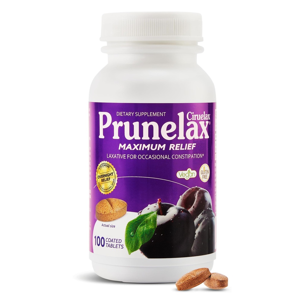 Prunelax Ciruelax Natural Senna for Occasional Constipation, Senna Extract, Vegan & Gluten-Free, Gentle Overnight Relief - 100ct