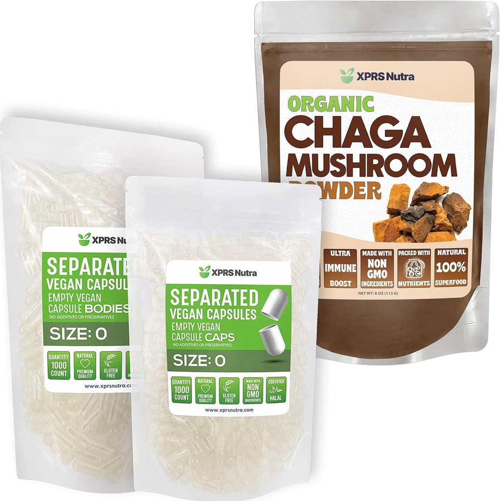 XPRS Nutra 0 Capsules (1000 Count) ile Chaga Toz (8 Ounce)