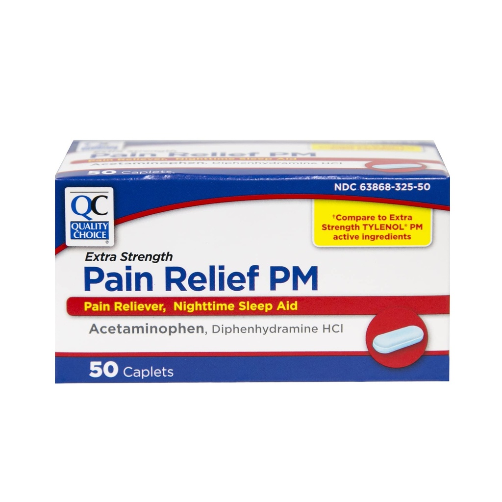 Kalite Seçenekleri Ekstra Kuvvet Ağrısı PM, Pain Reliever ve Nighttime Sleep Aid, Acetaminophen 500 mg & Diphenhydramine HCI 25 mg (Sleep Aid), 50 Kont Caplets