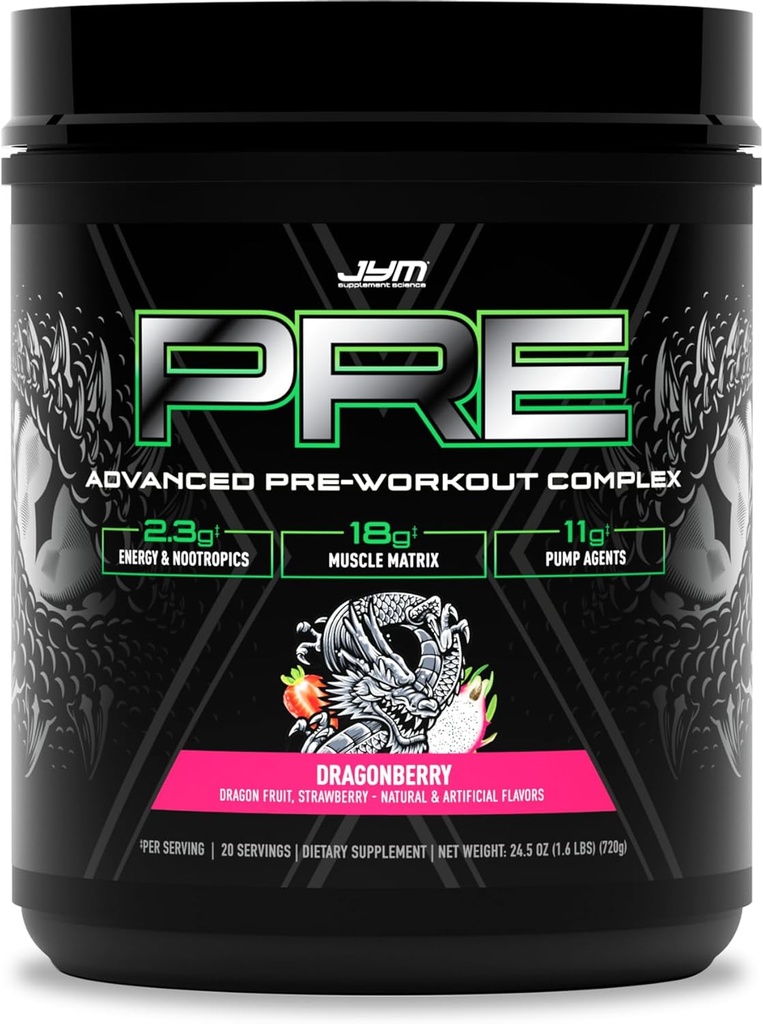 JYM Supplement Science Pre JYM X Dragonberry Advanced Pre-Workout Toz Massive Pumps, Citrulline Nitrate, Dynamine, NO3T Betaine, BCAA's, Nootropics, Tinatine, Beta-Alanine, 20 Hizmet
