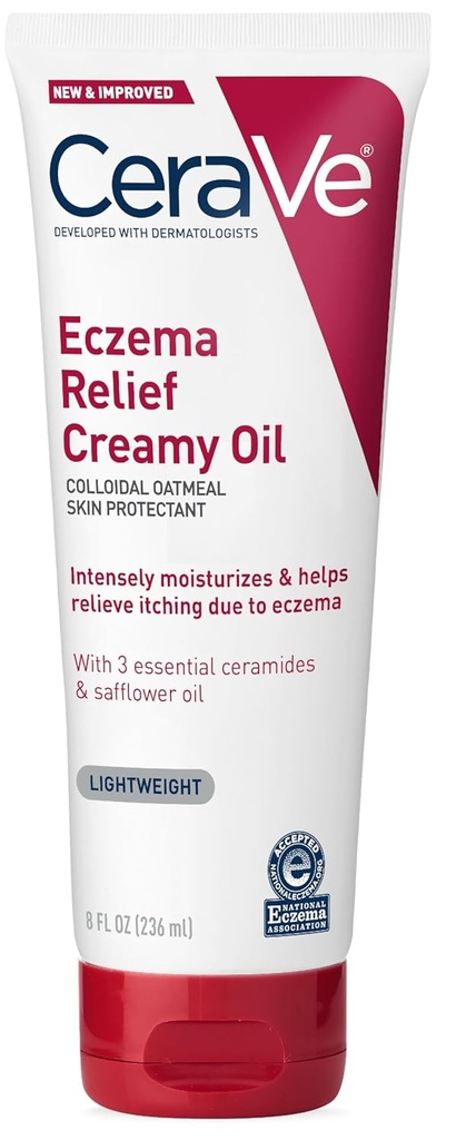 CeraVe Eczema Relief Creamy Body Oil, Eczema Calming Cream With Colloidal Oatmeal & Safflower Oil For Dry Skin & Itchy Skin Relief, Steroid Free & Paraben Free, 8 Ounce