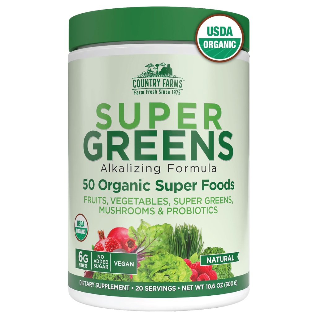 Ülke Çiftçileri Organik Süper Yeşiller Doğal Flavor, 50 Organik Süper Gıdalar, Fiber, USDA Organik İçecek Mix, Meyveler, Sebzeler, Mushrooms & Probiyotikler, Destekler Enerji, 6g Fiber Fiber Fiber