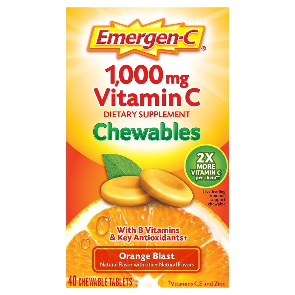 Emergen-C Chewable Vitamin C 1000 mg, B Vitaminleri ve Antioksis Tablet (40 Kont, Orange Blast Flavor), Diyet Tamamlayıcı Supplement