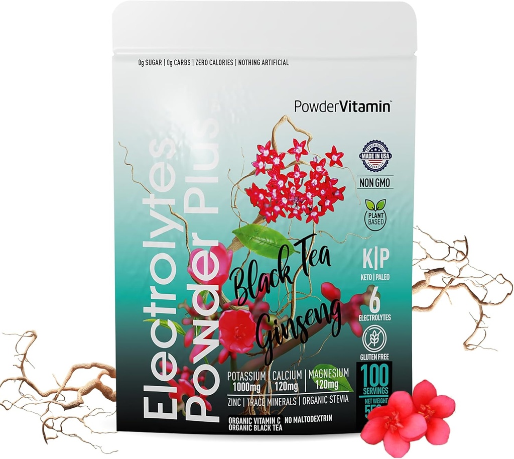 TozVitamin Electrolytes Toz Plus (100 Hizmet) Black Tea Ginseng Electrolyte Toz Keto, Sugar Free, Pink Himalaya Salt,1000 mg Pyum,150mg, 150 mg Toz, 150 mg, Hydration Toz Toz Toz,150 mg