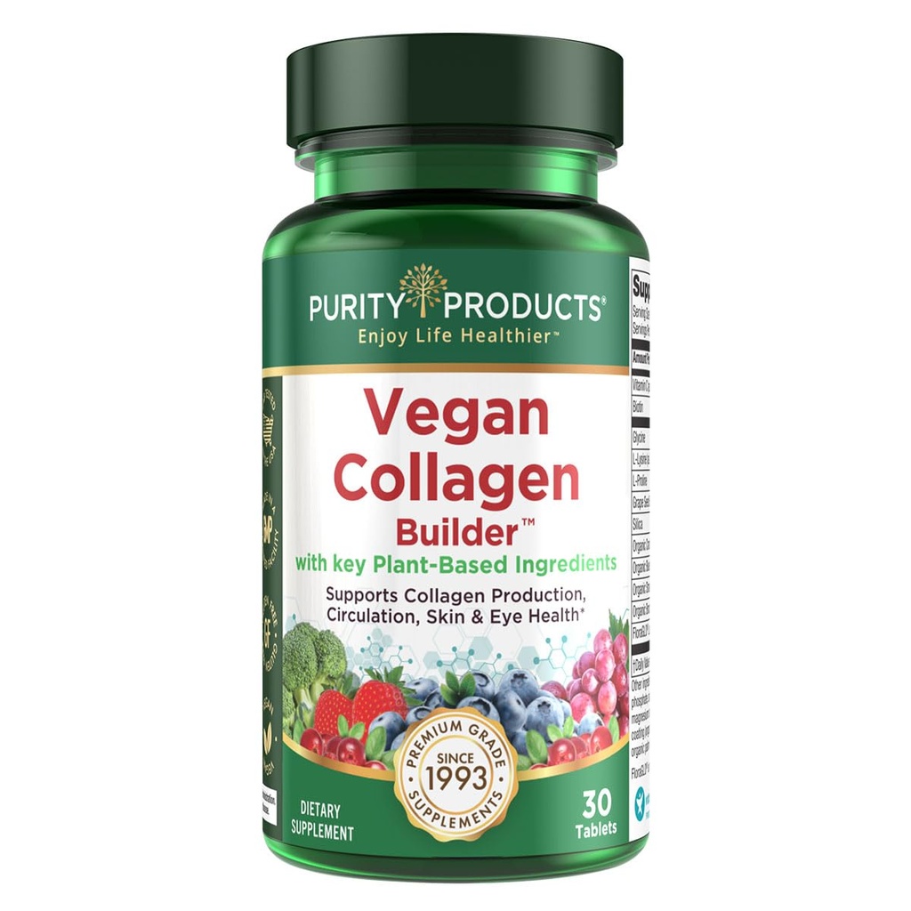Vegan Collagen Builder - Organic Whole Foods Fruits + Veg, Silica, Lutein, Vitamin C, Biotin, Grape Seed - Amino Acids Glycine, Lysine + Proline Collagen Boosters (30 Servings, Tablets)