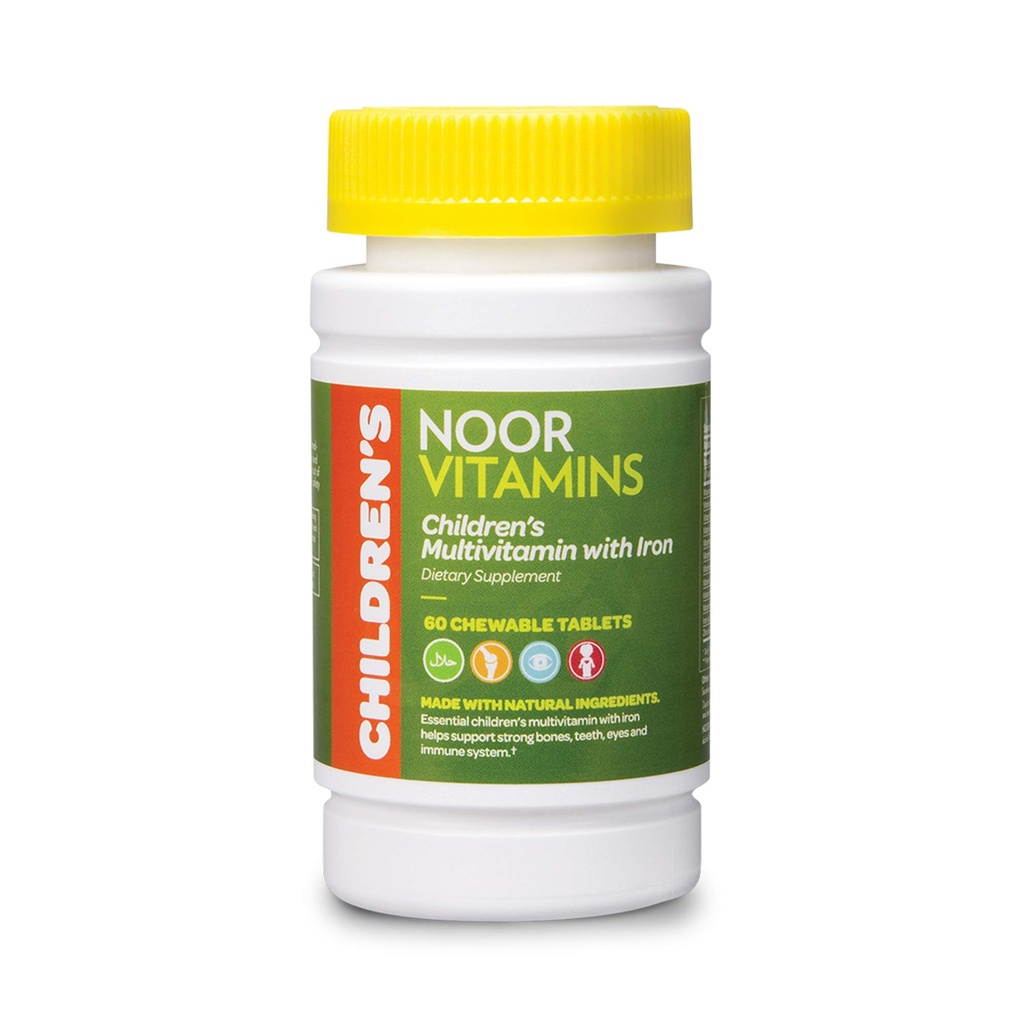 Noor Vitamins Halal Çocuklar Multivitamin Chewable: Immune, Bone & Eye Health with Iron - Non GMO & Gluten Free - Halal Vitaminler 60 Kont (2 Ay Supply)