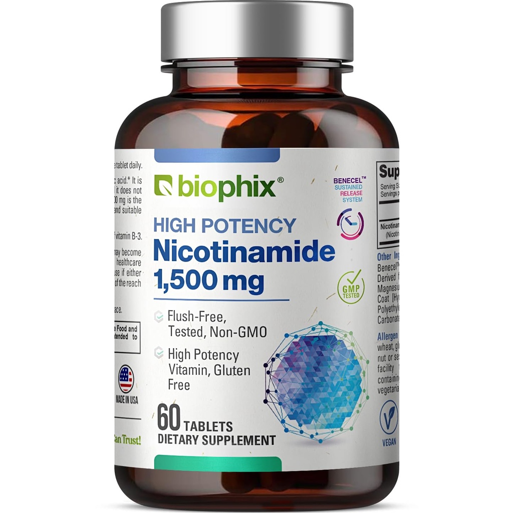 biophix B-3 Nicotinamide 1500 mg 60 Tablets Maximum Strength - Nicotinic Amide Niacin Natural Flush-Free Vitamin Formula - Supports Skin Cell Health