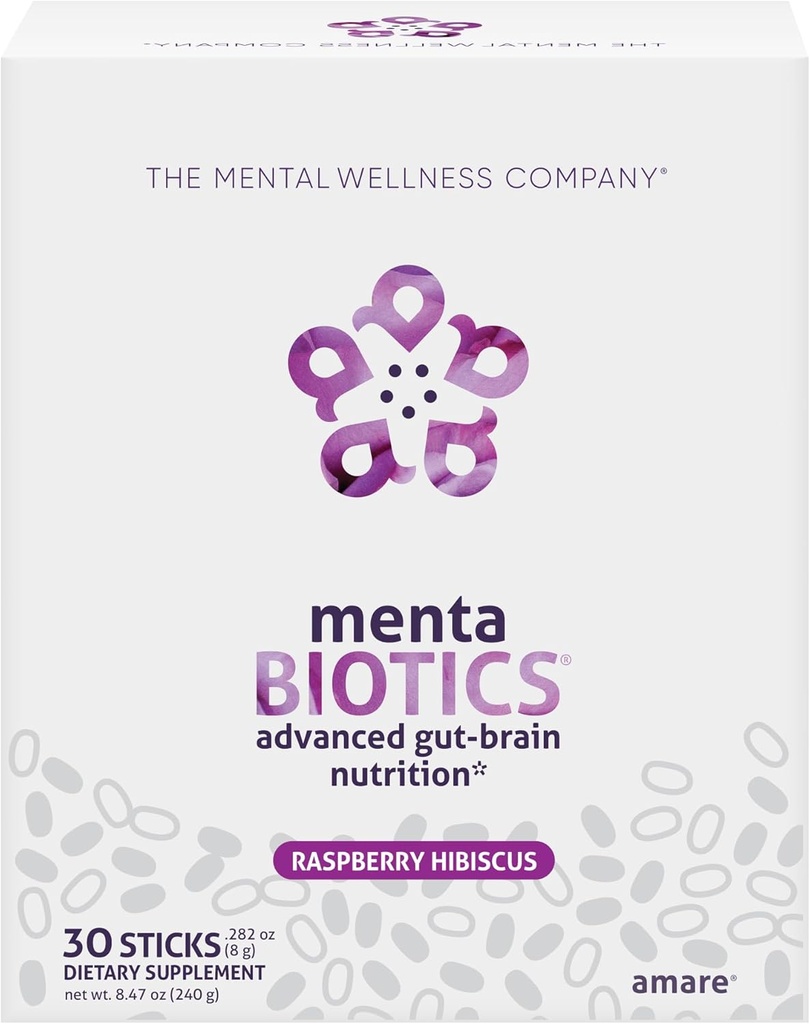 MentaBiotics® Advance Gut Beyin Beslenme Prebiyotik, Probiyotik ve Phytobiyotikler, Raspberry Hibiscus, 30 Hizmet