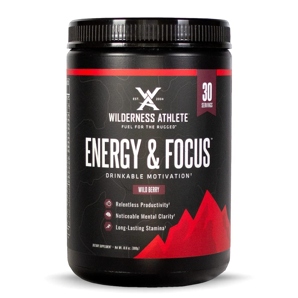 Wilderness Athlete - Energy & Focus | Energy Pre Workout for Women & Men - Energy Powder Drink Mix with Natural Caffeine - Low-Carb, Zero Sugar Workout Powder - 30 Serving Tub (Wild Berry)