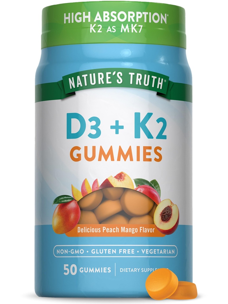 Doğanın Gerçek Vitamin D3 + K2 Gummies | 50 Kont | Peach Flavor | Vegetarian, Non-GMO & Gluten Free Supplement Supplement
