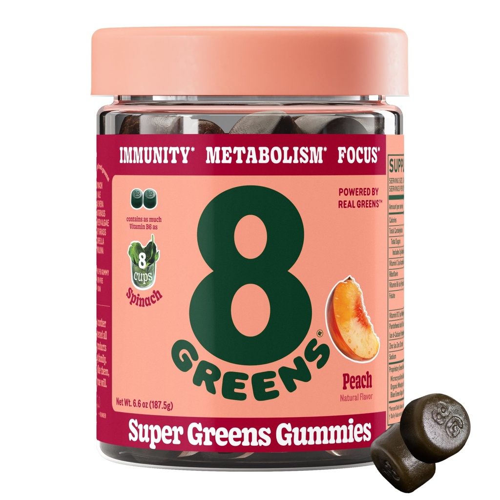 8Greens Supergreens Gummies | Super Greens Toz Superfood Gummy for Metabolism, Immunity & Focus, Digestive Health Enzymes, Organic: Chlorella, Spirulina, Aloe Vera, Peach Flavor, 50 Count