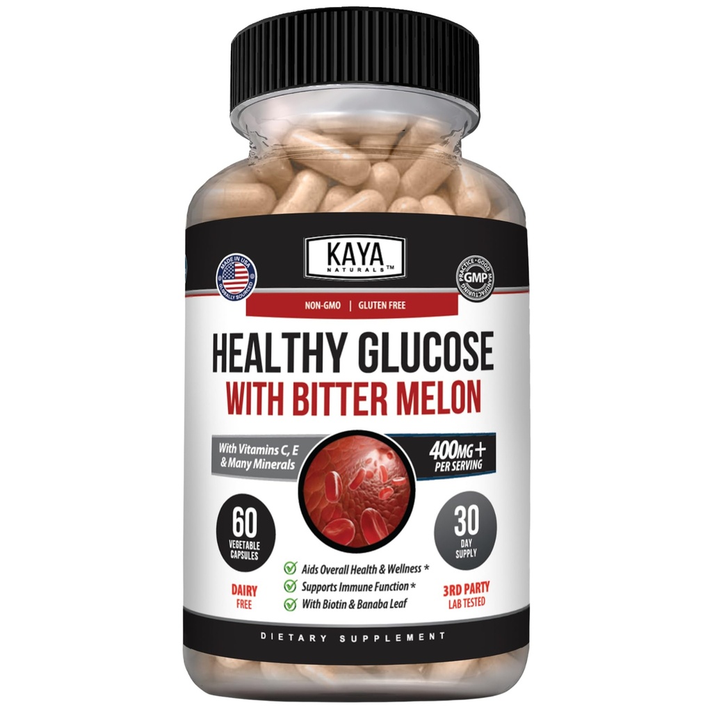 Kaya Naturals Health Gluco with Bittermelon Supplement | Sağlıklı Seviyeler ve Fonksiyonlar, 20 Herbs Vitaminleri ve Mineralleri, Alfa Lipoic Acide, Cinnamon, C & E, Non-GMO (60 Kont)