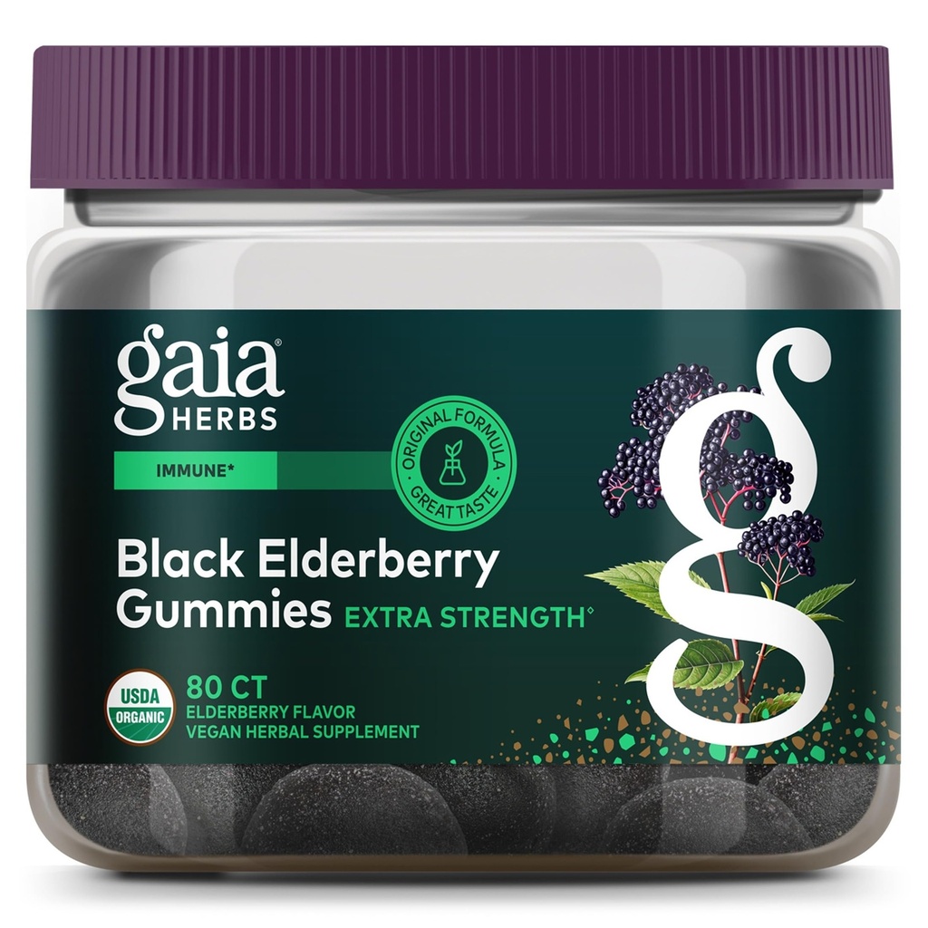 Gaia Herbs Black Elderberry (Sambucus Nigra) Ekstra Güçlü Gummies - Delicious Immune Support Supplement - Made with Certified Organic Black Elderberries for Immune System Support - 80 Gummies