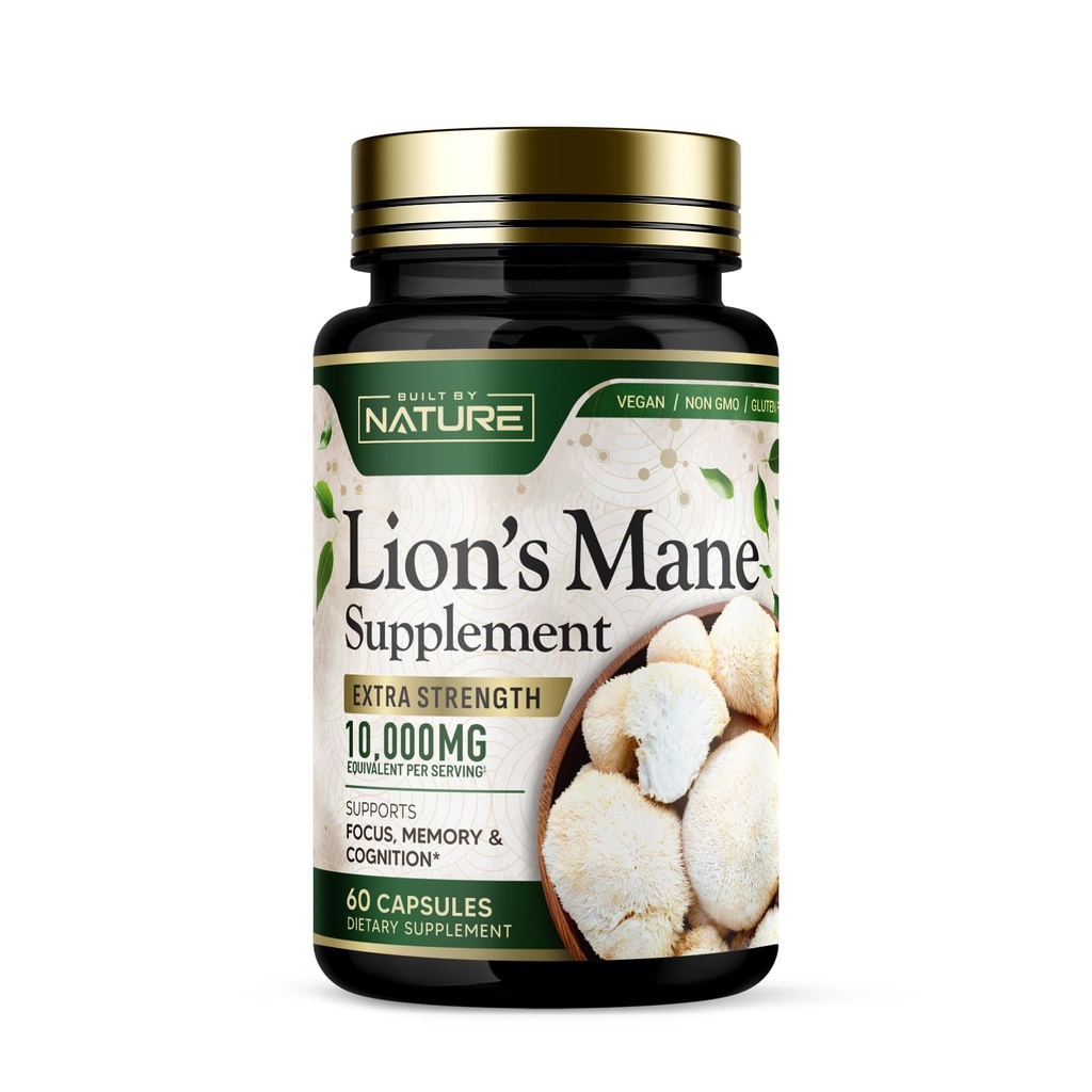 Nature Lion's Mane 10.000mg tarafından inşa edildi - Nootropic Brain Support için Ekstra Kuvvetli Oda Tamamı - Focus, Memory and Cognitive Function – Non-GMO, Gluten-Free, Vegan - 60 Capsules