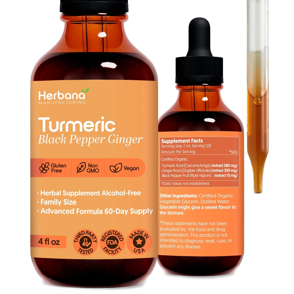 Turmeric 3-in-1 Sıvı Ekstraksiyon - Curcumin & Ginger, Black Pepper - Natural Herbal Supplement - Immune and Brain ATM Tincture (2 FL OZ)