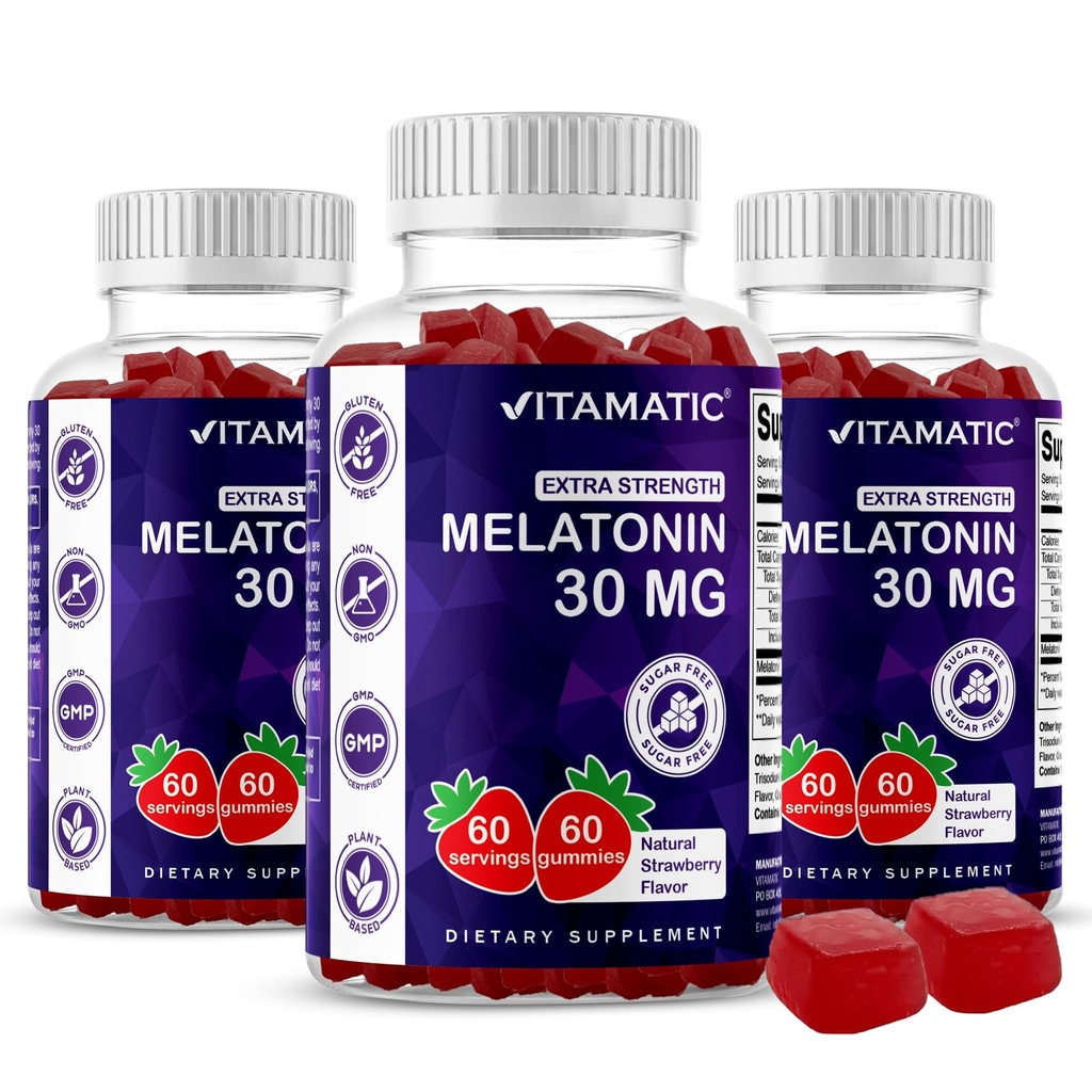 Vitamatic Sugar Free Melatonin 30mg per Gummy - 60 Hizmet - 60 Vejetaryen Gummies - Non-Habit Form Supplement (60 Count (Pack of 3))