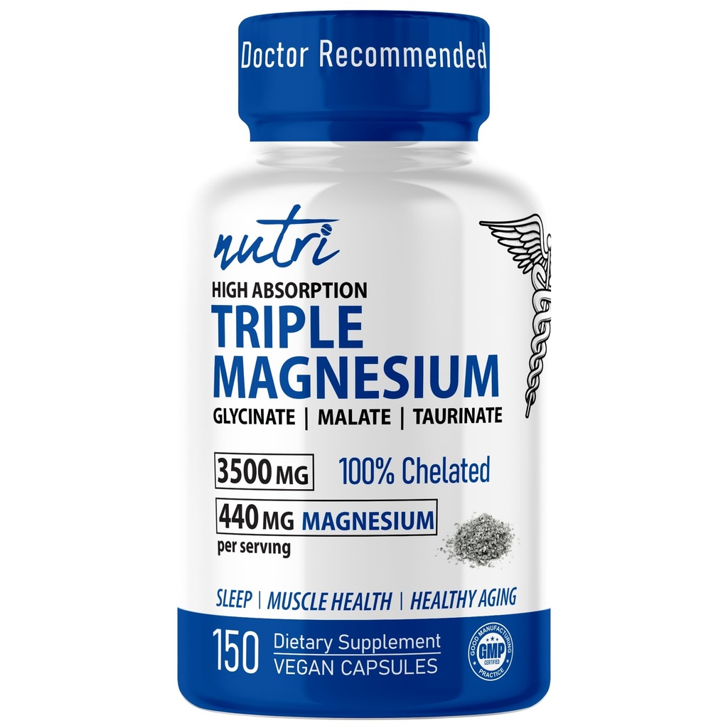 Nutri Triple Magnezyum Kompleksi 440 mg - Magnezyum Glycinate, Malate, & Taurinate - 100 Chelated for Maximum Abors - 120 Vegan Capsules - Triple Complex Magnezyum - Magnesio Triple Kompleksi