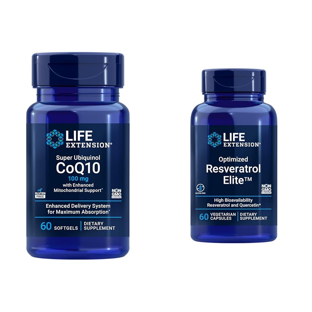 Life Extension Super Ubiquinol CoQ10 60 Softgels ve Optimized Resveratrol Elite 60 Vegetarian Capsules Sches