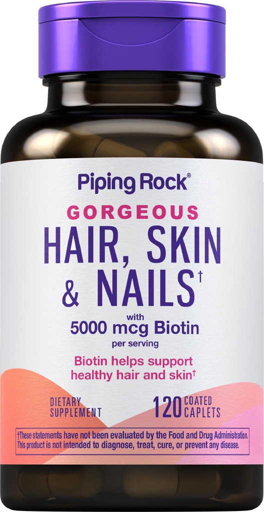 Piping Rock Hair Skin and Nails Vitamins | 120 Caplet Pills | with Collagen | 5000 mcg of Biotin | Non-GMO, Gluten Free Supplement