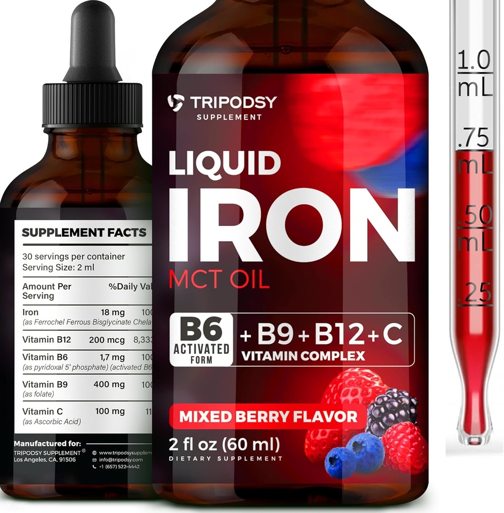 Kadınlar ve Erkekler için Sıvı Demir Tamam - B6, B9, B12, Aemi için C vitamini, Blood Builder, Red Blood Hücre için Folate ve Immune Support MCT Oil (2 Fl Oz, Karma)