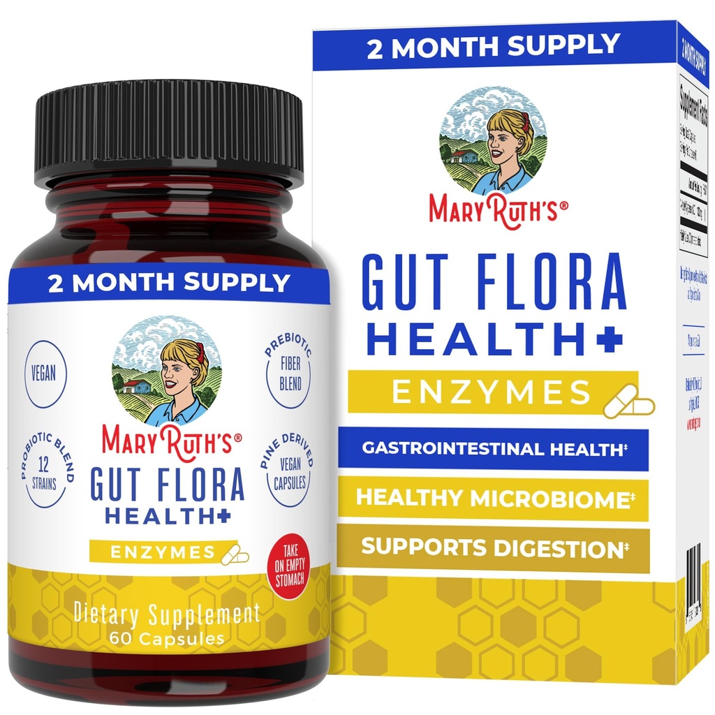 MaryRuth's Gut Flora Health+ Enzymes | Prebiyotik & Probiyotik Digestive Enzymes for Health Gut Biome & Digestive Support | Gastrointestinal Health | CLP sertifikalı | 60 Capsules | Up to 2 Ay Supply