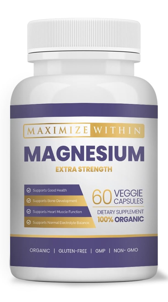 Magnesium Extra Strength Supplement – 600mg Magnesium Glycinate – Supports Bone Health, Muscle Function – Vegan, Non-GMO – 60 Capsules