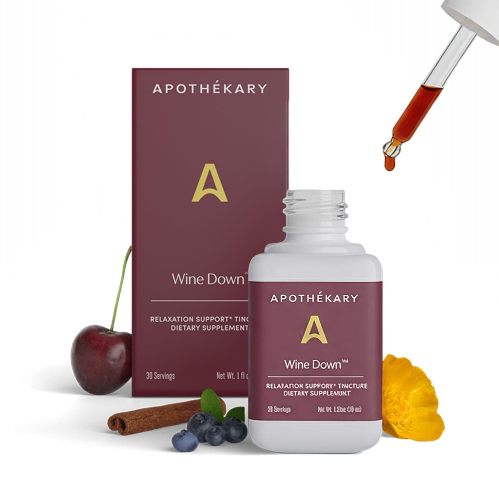 Apothékary Wine Down, Natural Sleep and Relaxation Support, Alkol-Free Red Wine-Inspired Herbal Liquid Drops, Consists of Blue Vervain, Tart Cherry, ve California Poppy, 1 oz, 30 Hizmet