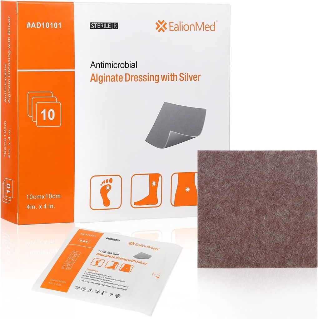 Silveruba Alginate Yara, Pad 4'x4'ü Giydi, 10 Packs, High Absorbency Non-Stick Ag Gauze Patch for Pressure Ulcer,Bed Sore,Leg Sore,Diabetic Foot Ulcer