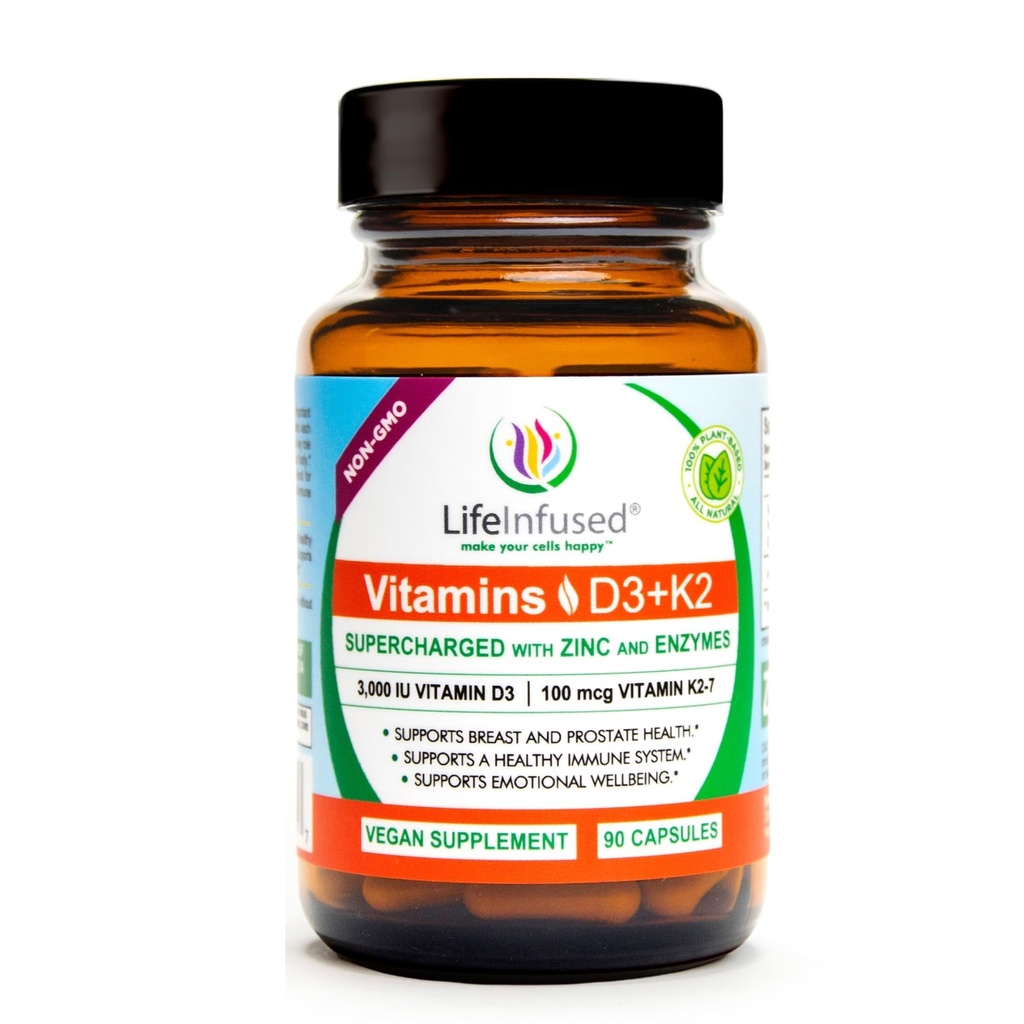 Life Infüzyon Vitamin D3 + K2, çinko ve Enzymes ile Supercharged, Sağlıklı Immune Sistemi, Bone Health, Duygusal Wellness, 90 Capsules.