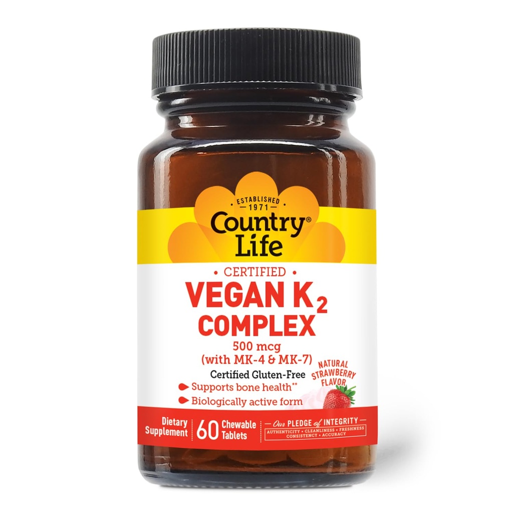 Ülke Life® Vegan K2-500 mcg, 60 Ct. Chewable Tabletler. Strawberry Flavor - sertifikalı Gluten Free - AVA tarafından sertifikalı Vegan - Bone Health'i desteklemek için