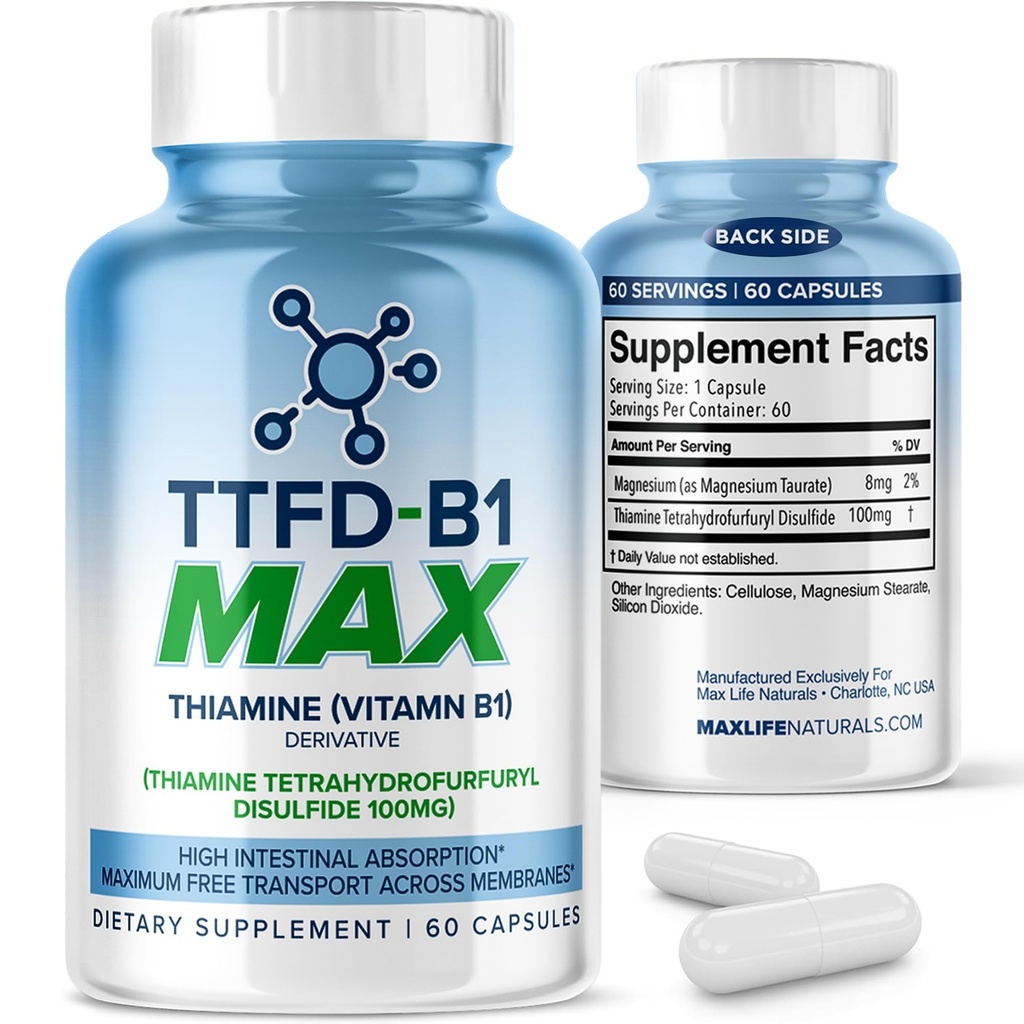 TTFD Thiamine B1 Supplement 60Capsules ABD- Thiamine TTFD Vitamin B1 MAX, Yüksek Lisans Enerji ve Odak için Tamam, MaxLife Naturals & Wellness Genel olarak MaxLife Naturals