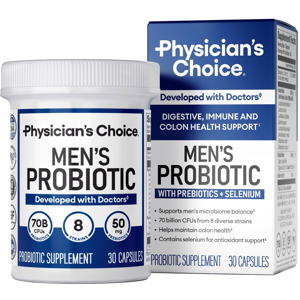 Doktor'un Erkekler için Probiyotikleri - 70 Milyar CFU - 8 Strains - w/Selenium & Organik Prebiyotikler - Destekler Digestive Health, Microbiome, Colon, & Immune Health - Advanced Men's Probiyotik - 30ct