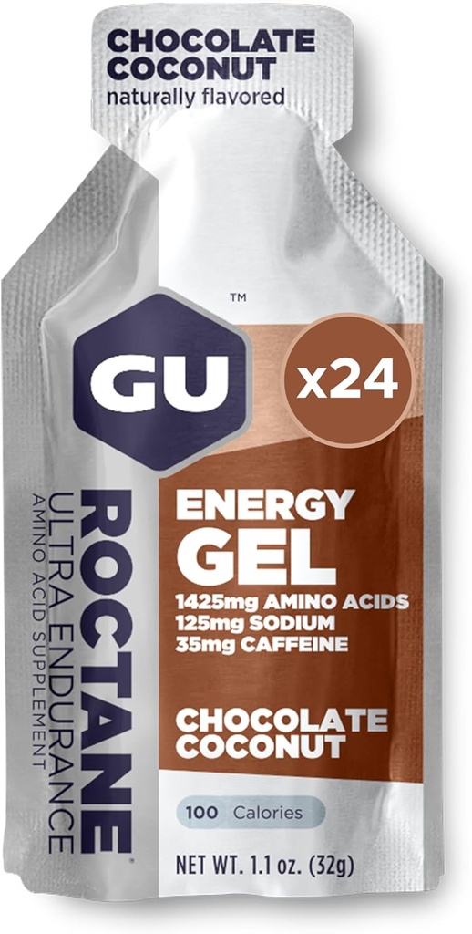 GU Energy Roctane Ultra Endurance Energy Gel, Vegan, Gluten-Free, Kosher ve Dairy-Free On-Go Sports Nutrition for Run, Biking, Hiking veya Skiing, Chocolate Coconut,24-Count