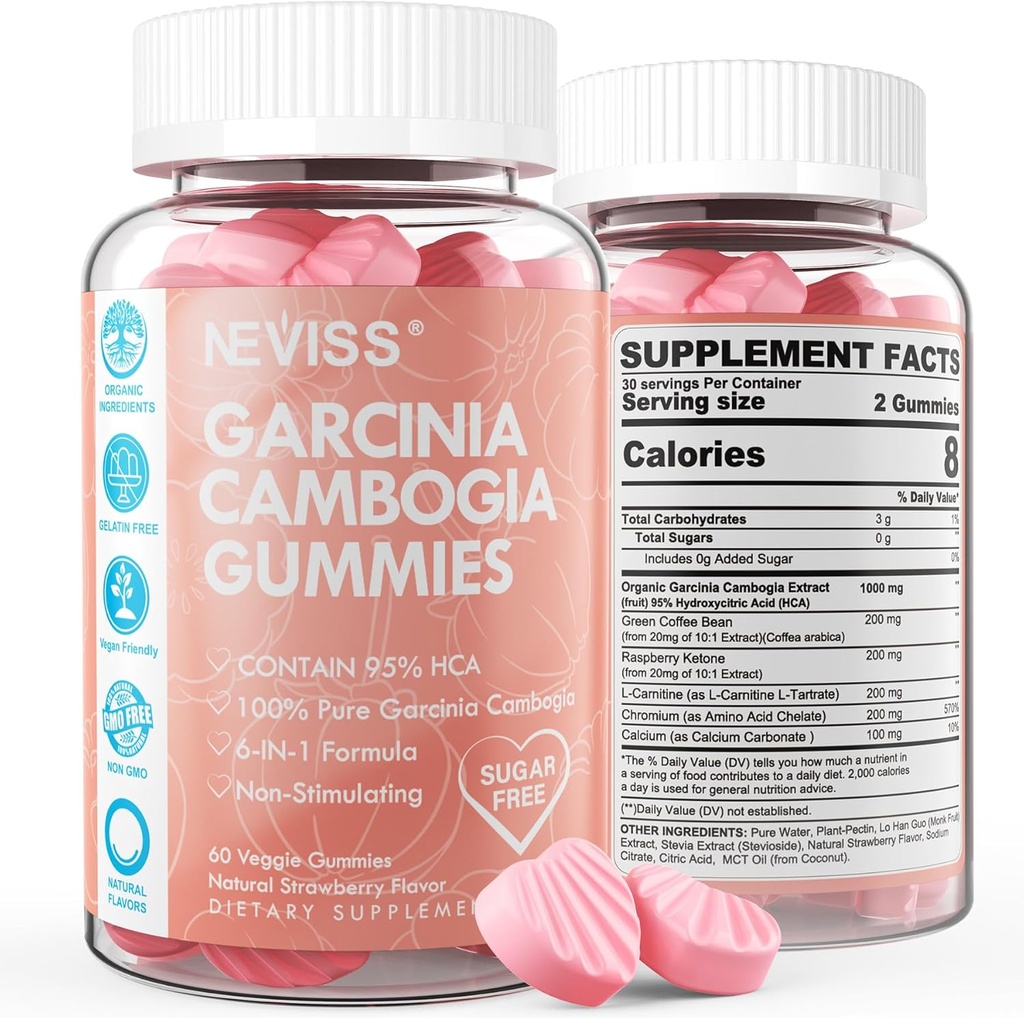 Sugar Free Garcinia Cambogia Gummies 1000mg% 95 HCA with L-Carnitine, Raspberry Ketone, Chromium, Green Coffee Bean for Metabolism, Energy Boost, 100% Organik Ekstraksiyon, Vegan, Strawberry Flavor 120 Cts