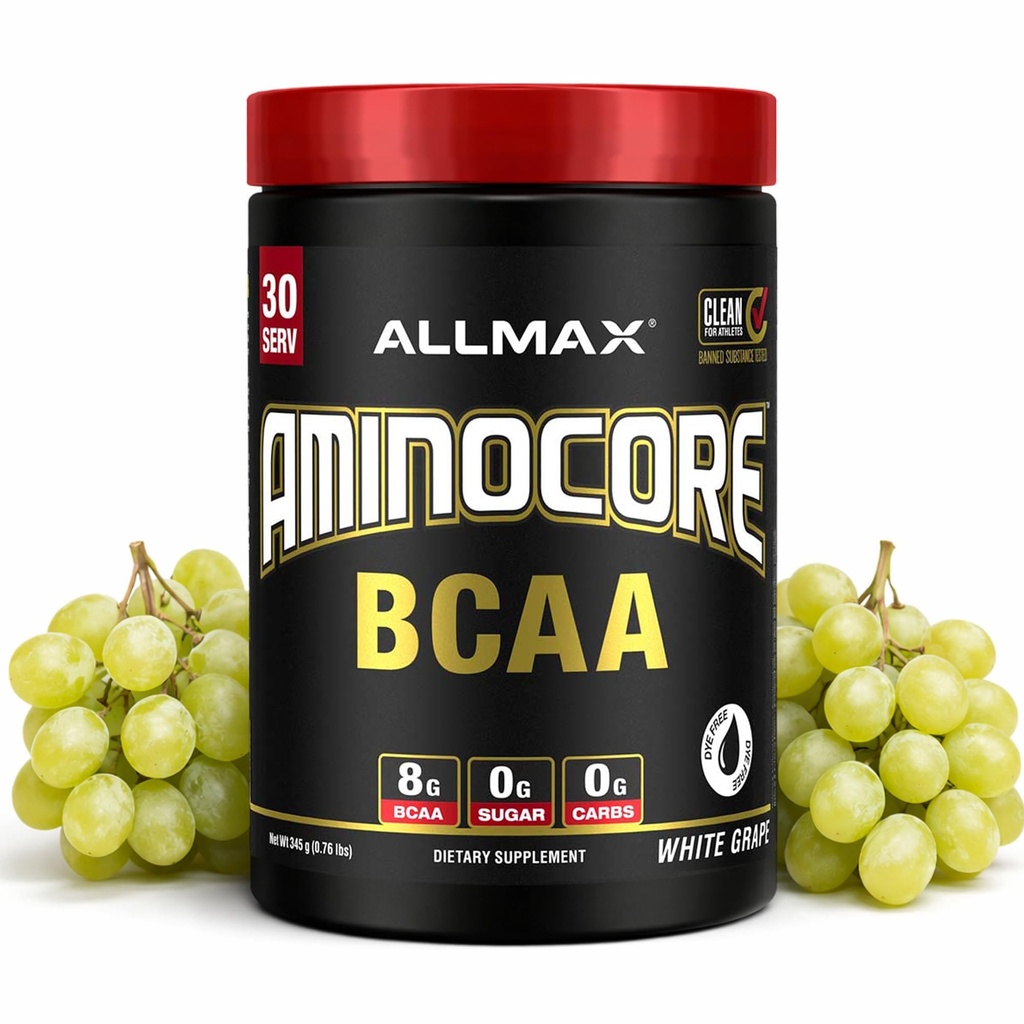 ALLMAX Beslenme AMINOCORE BCAA Toz, 8.18 Pilavitler, Intra ve Post Workout Recovery Drink, Gluten Free, White Grape, 315 g