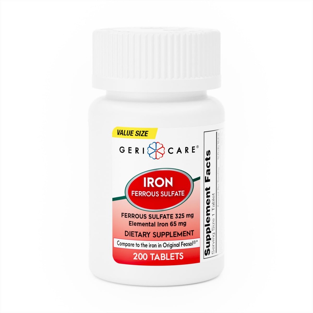 GeriCare Ferrous Sulfate Tabletler 325 mg, Elemental Iron 65 mg Yüksek Potency Iron Supplement | Diyeter Supplement 200 Count. (Pack of 1)