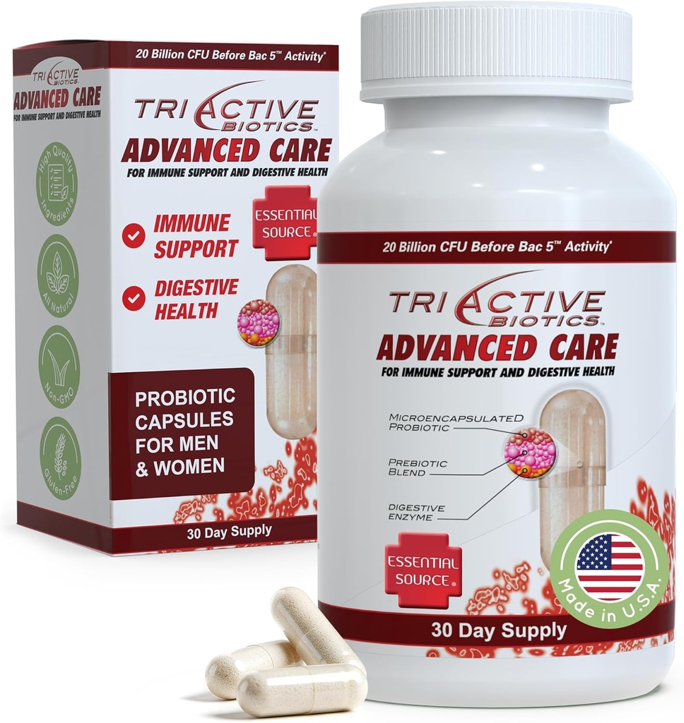 Temel Kaynak TriActive Biotics Gelişmiş Bakım - Digestive Health için 20 Milyar CFU Probiyotikleri, Immune Support Supplement, Microencapsated Probiyotiks for Women & Men, 30 Ct Capsules