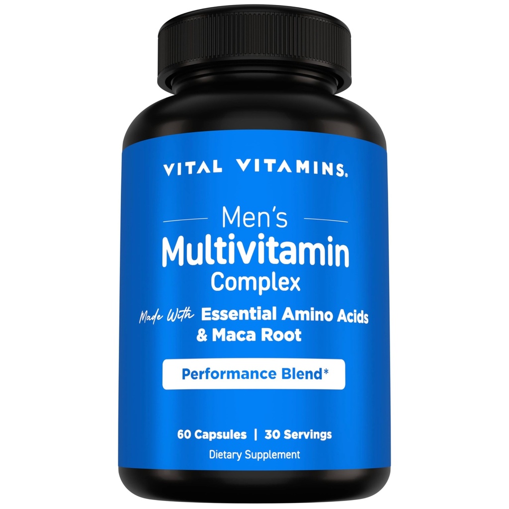 Vitals Vitamin Men's Multivitamin Kompleksi - Essential Platinum Asits & Maca Root ile yapılır - A, C, E, B6, B12, D3 & Erkek Performansı - Daily Mens Multivitamin - 60 Capsule