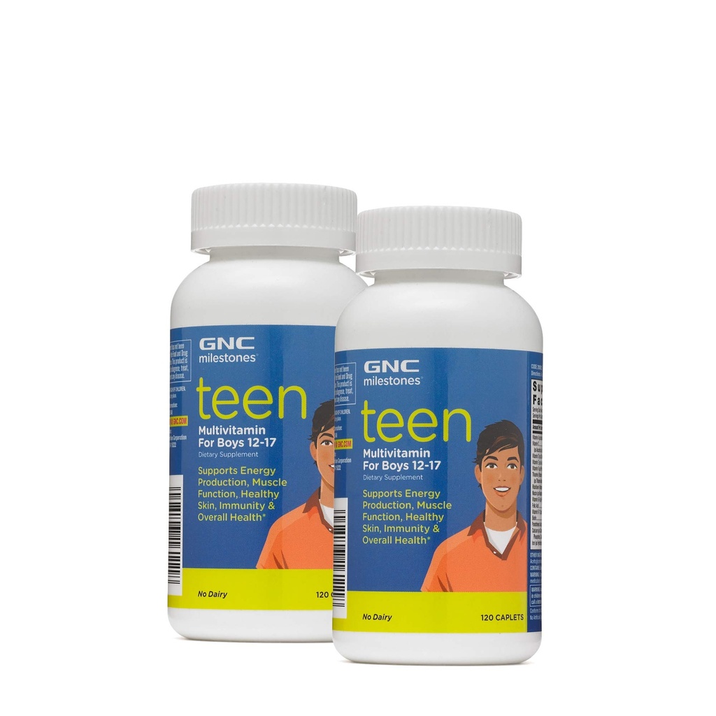 GNC Milestones 12-17, Twin Pack, Şişe başına 120 Caplets, Energy Production and Muscle Functions Teen Multivitamin for Boys 12-17, Twin Pack, 120 Caplet