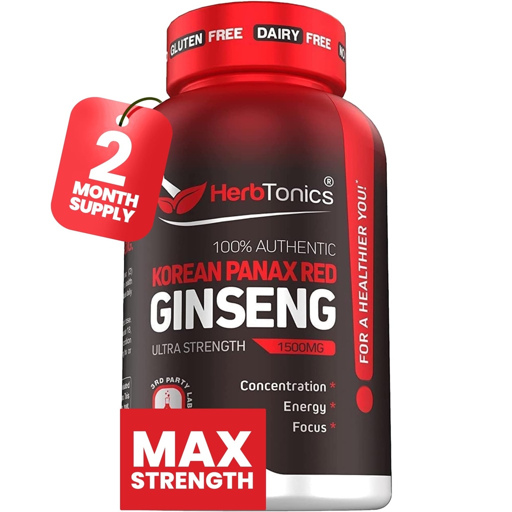 Herbtonics Koreli Red Panax BTC 1500 mg - Peak Performance, Focus & Vitality için Enerji Tamamı - Yüksek Potency BTC Kökleri - 120 Vegan Capsules